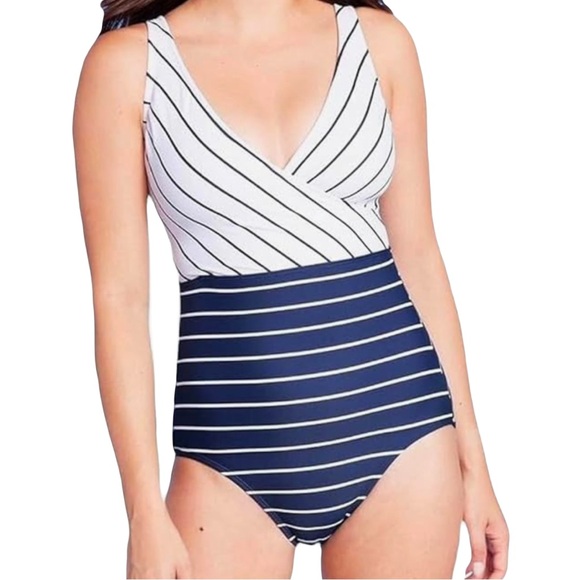 Striped Navy and White One-Piece Swimsuit - Picture 1 of 3